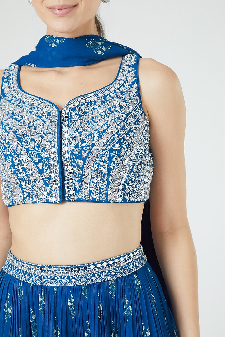 Cobalt Blue Printed Wedding Lehenga Set by Sana Barreja at Pernia's Pop Up Shop