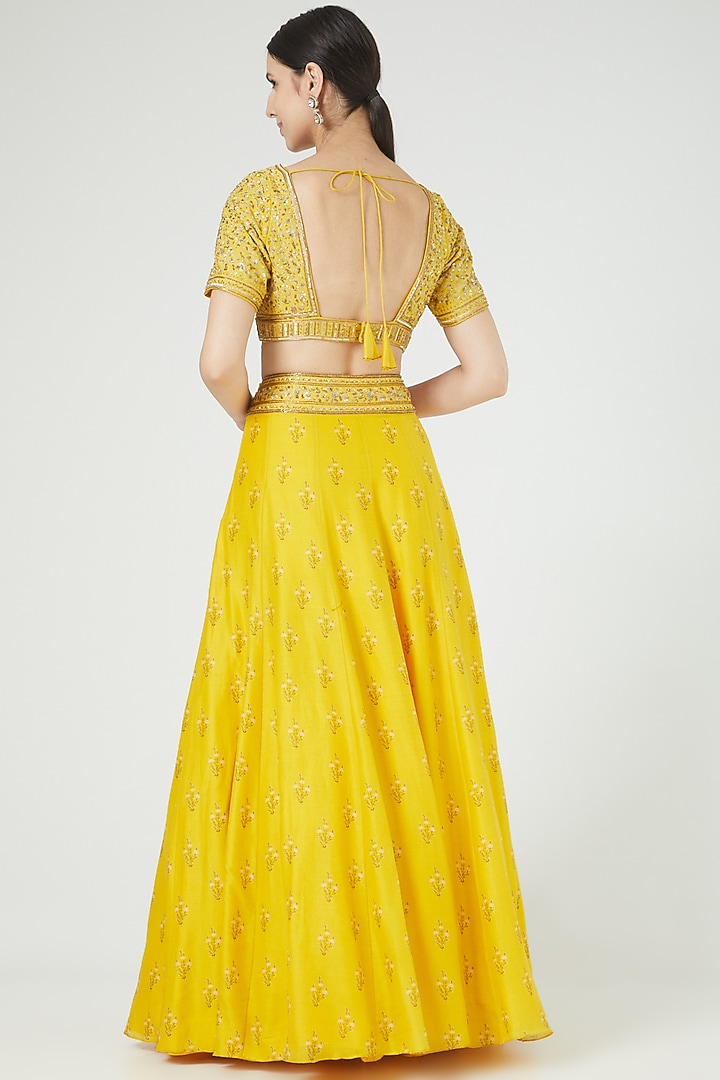 Yellow Georgette Zardosi Hand Embroidered Wedding Lehenga Set by Sana Barreja at Pernia's Pop Up Shop