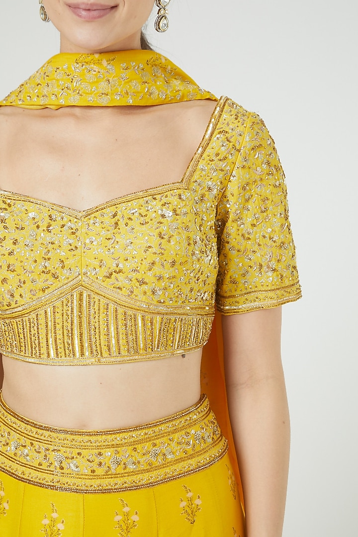 Yellow Georgette Zardosi Hand Embroidered Wedding Lehenga Set by Sana Barreja at Pernia's Pop Up Shop