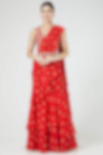 Red Printed Pre-Stitched Saree Set by Sana Barreja