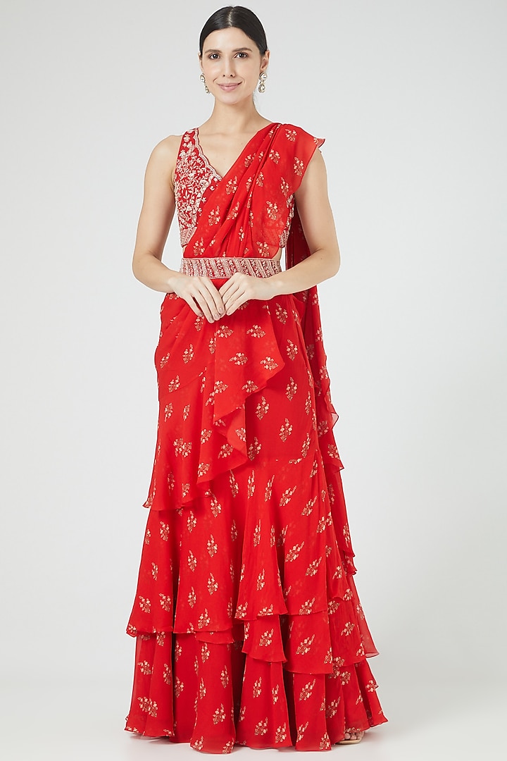 Red Printed Pre-Stitched Saree Set by Sana Barreja
