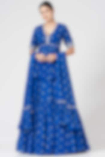 Blue Georgette Ruched Wedding Lehenga Set by Sana Barreja at Pernia's Pop Up Shop