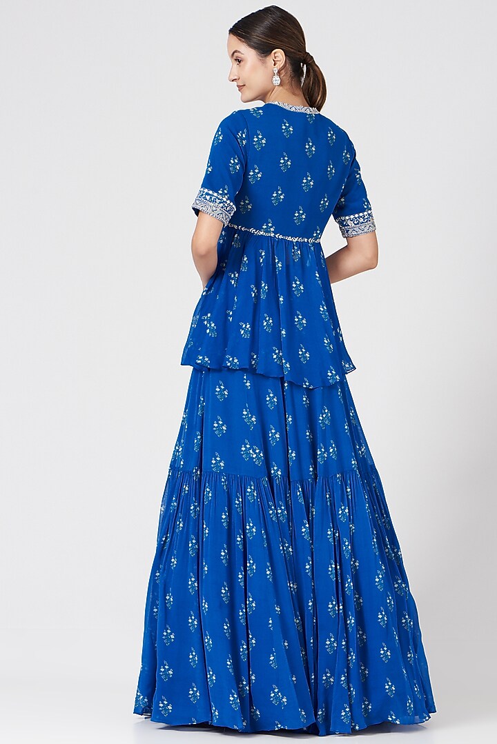Blue Georgette Ruched Wedding Lehenga Set by Sana Barreja at Pernia's Pop Up Shop