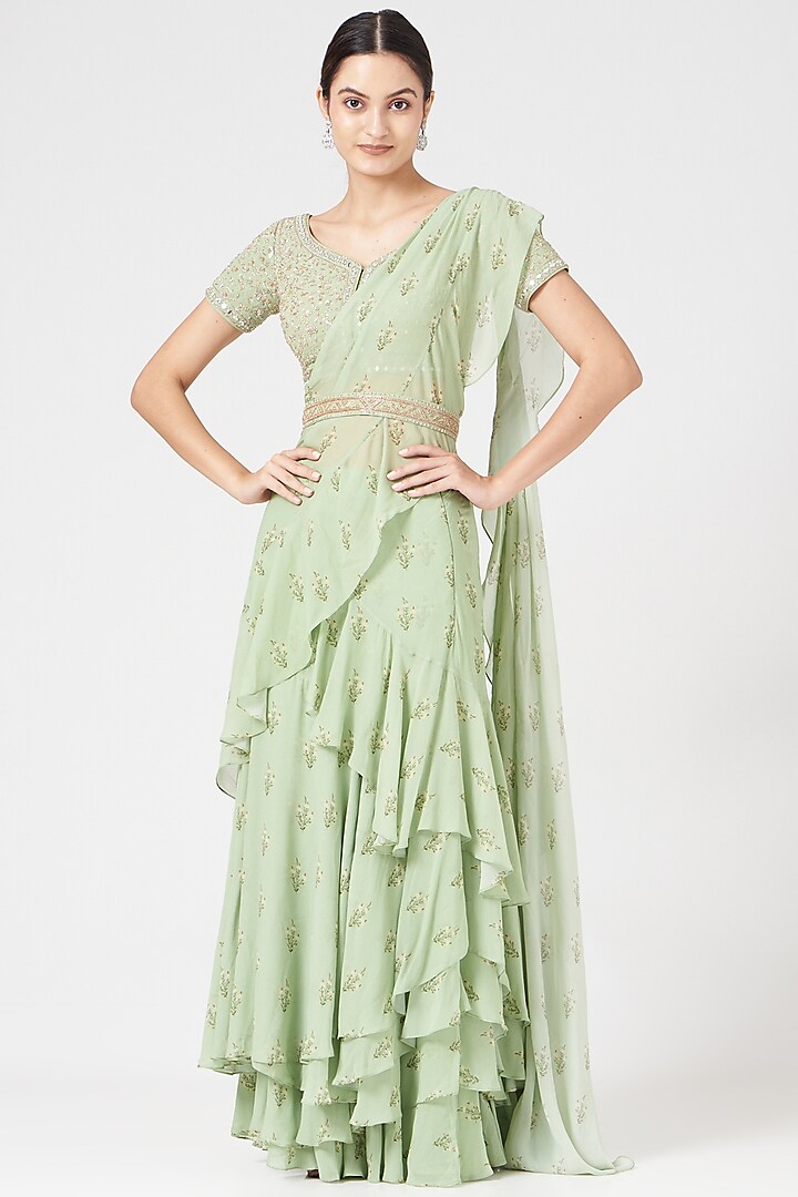 Mint Green Georgette Printed Pre-Stitched Saree Set by Sana Barreja at Pernia's Pop Up Shop