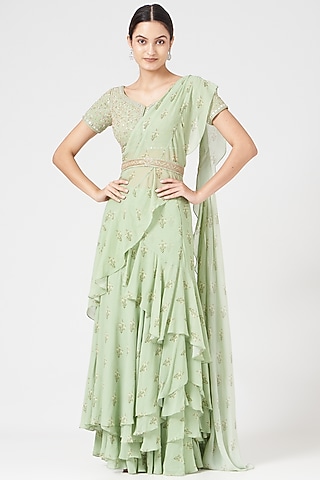 Mint Green Georgette Printed Pre-Stitched Saree Set by Sana Barreja