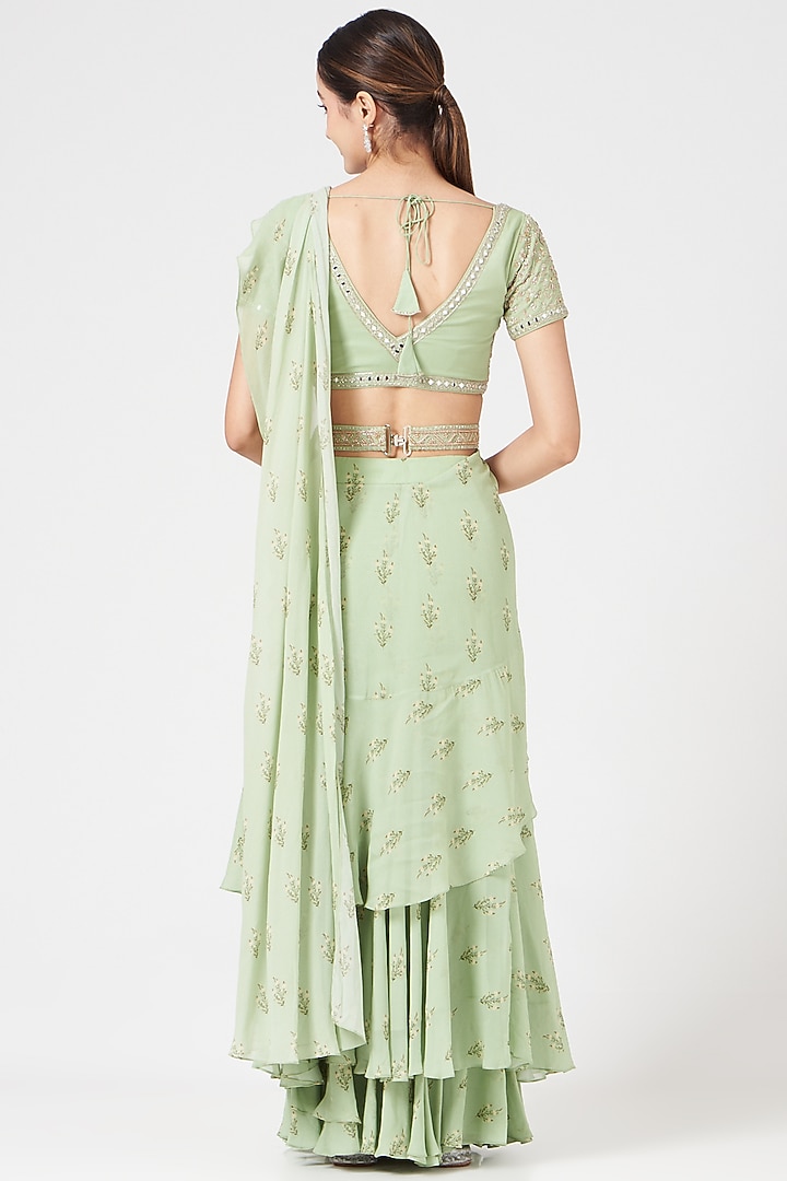Mint Green Georgette Printed Pre-Stitched Wedding Saree Set by Sana Barreja at Pernia's Pop Up Shop