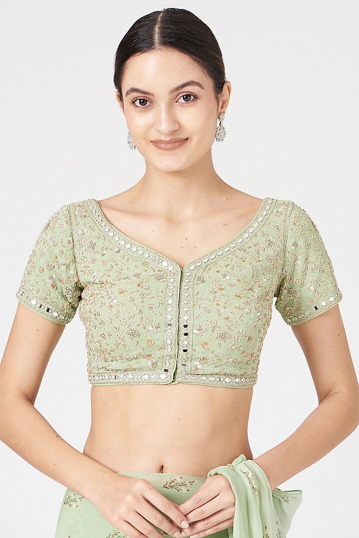 Mint Green Georgette Printed Pre-Stitched Wedding Saree Set by Sana Barreja at Pernia's Pop Up Shop