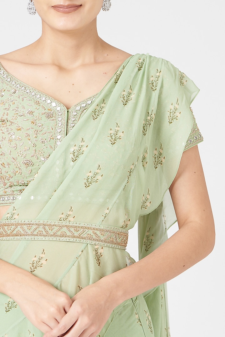Mint Green Georgette Printed Pre-Stitched Wedding Saree Set by Sana Barreja at Pernia's Pop Up Shop