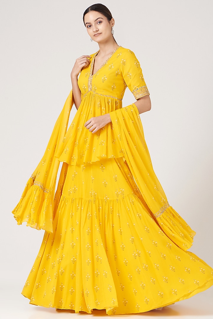 Yellow Georgette Ruched Wedding Lehenga Set by Sana Barreja at Pernia's Pop Up Shop