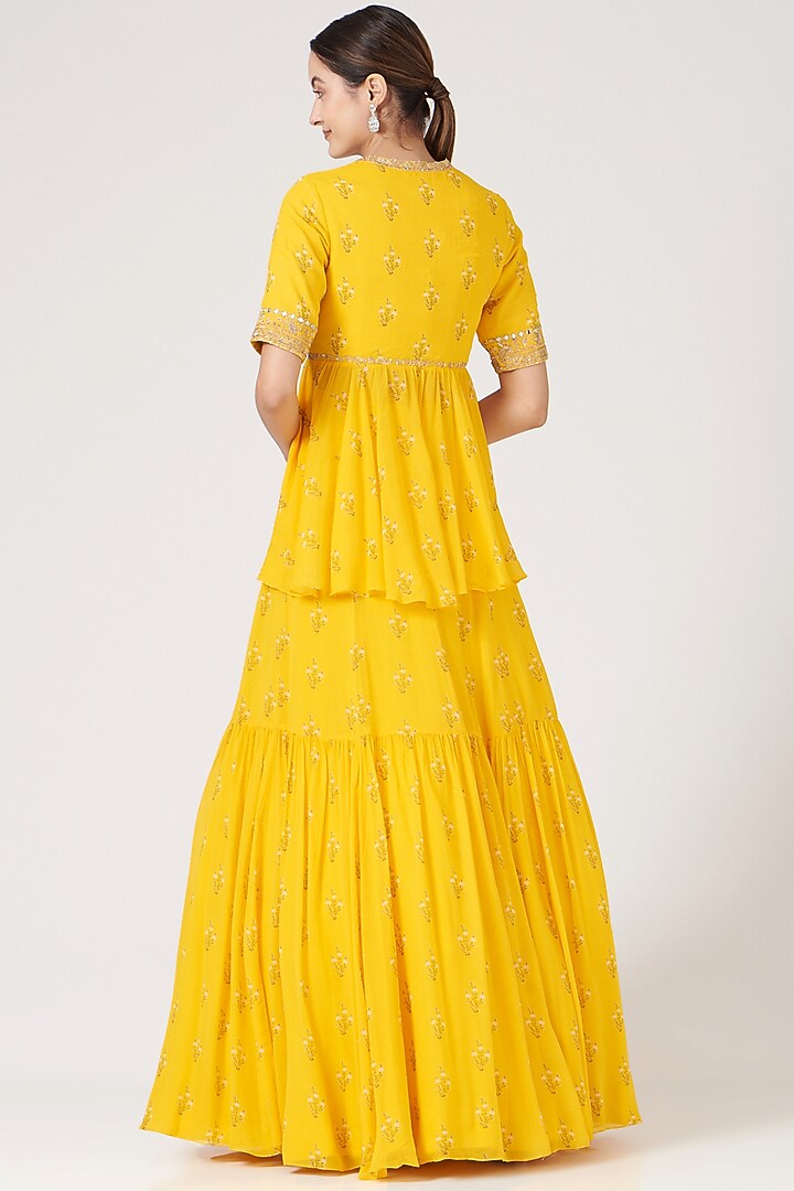 Yellow Georgette Ruched Wedding Lehenga Set by Sana Barreja at Pernia's Pop Up Shop