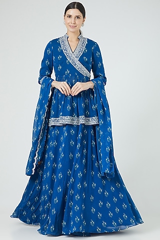 Cobalt Blue Georgette Printed Lehenga Set by Sana Barreja