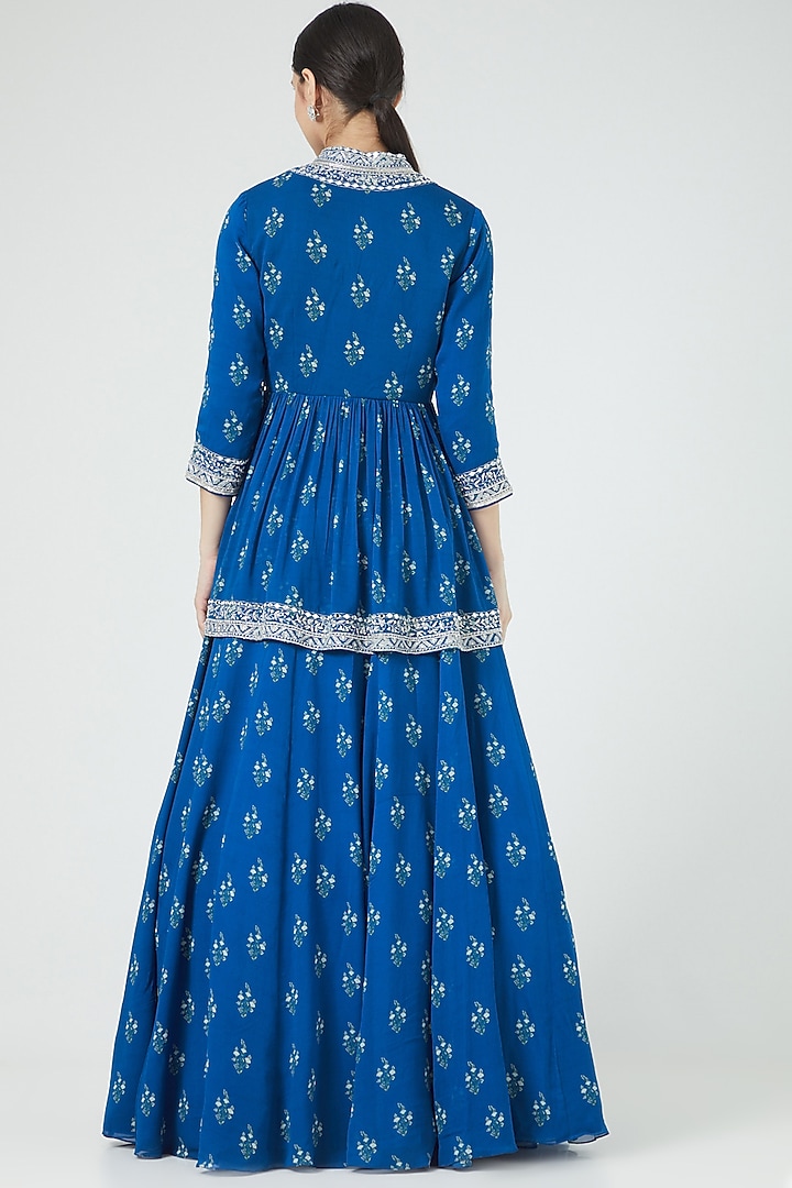 Cobalt Blue Georgette Printed Wedding Lehenga Set by Sana Barreja at Pernia's Pop Up Shop