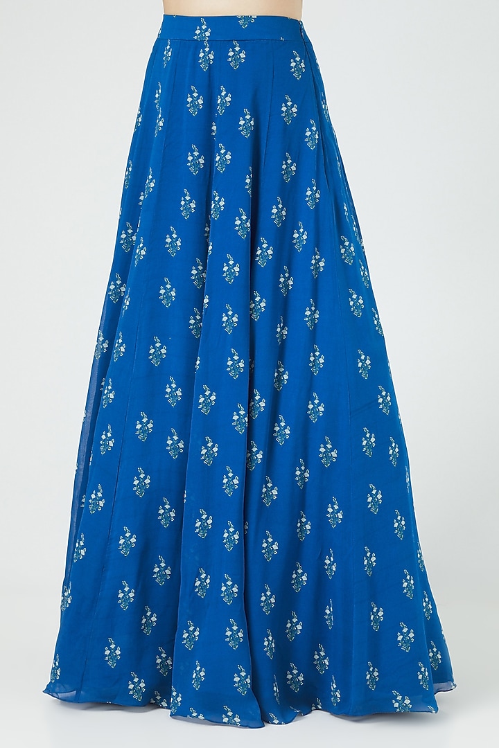 Cobalt Blue Georgette Printed Wedding Lehenga Set by Sana Barreja at Pernia's Pop Up Shop
