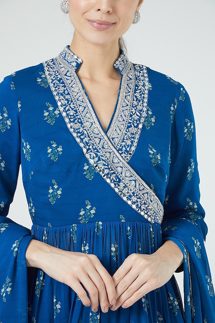 Cobalt Blue Georgette Printed Wedding Lehenga Set by Sana Barreja at Pernia's Pop Up Shop