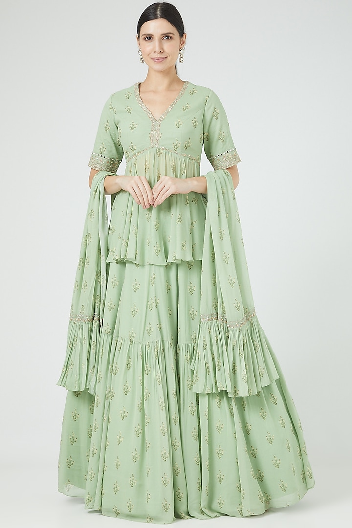 Mint Green Georgette Printed Wedding Lehenga Set by Sana Barreja at Pernia's Pop Up Shop