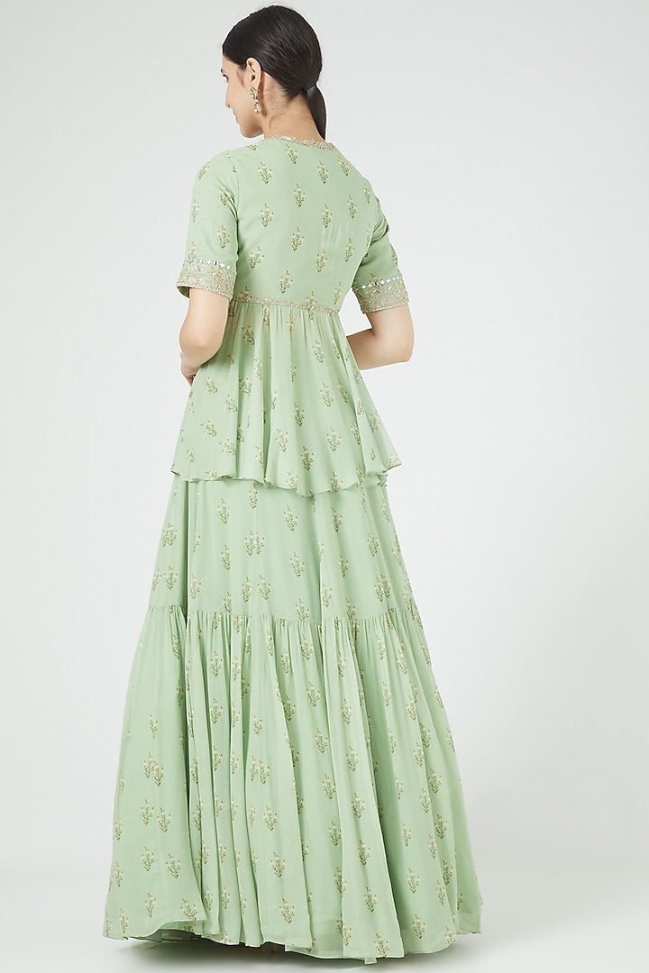 Mint Green Georgette Printed Wedding Lehenga Set by Sana Barreja at Pernia's Pop Up Shop