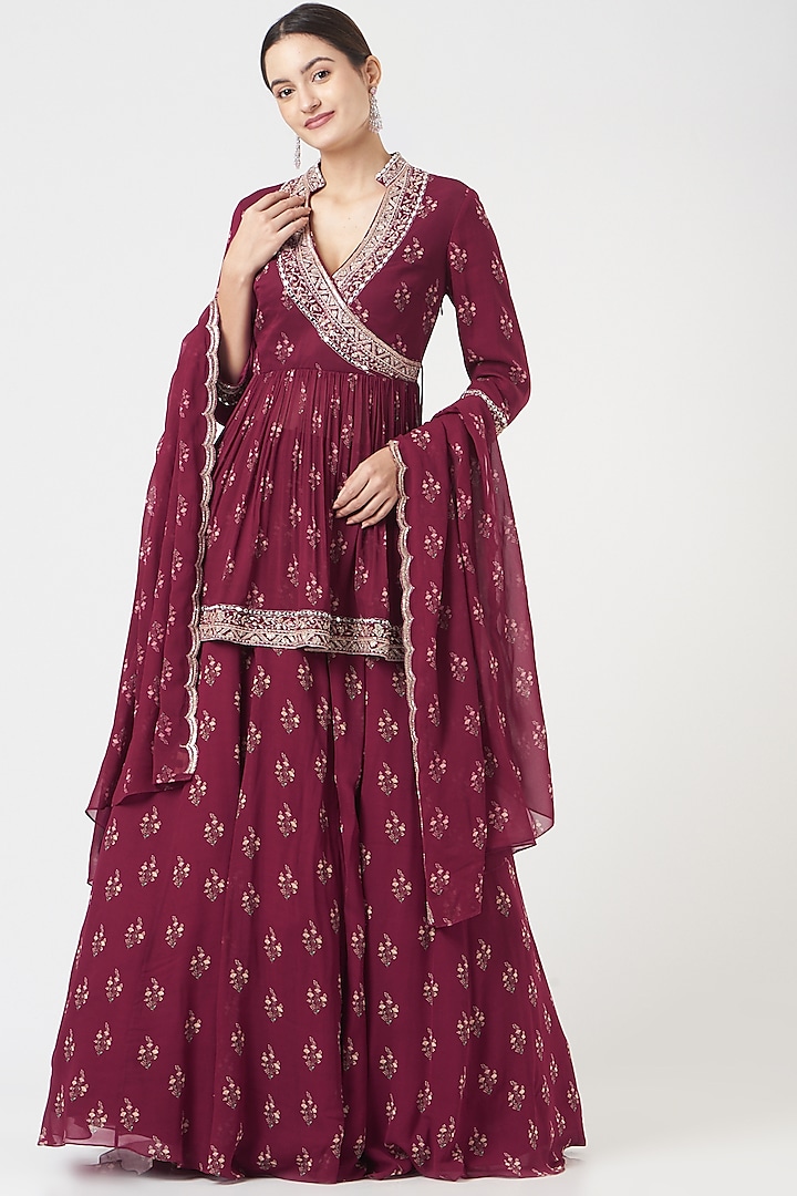 Wine Hand Embroidered Wedding Lehenga Set by Sana Barreja at Pernia's Pop Up Shop