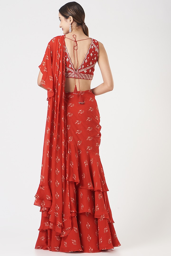 Red Georgette Printed Pre-Draped Ruffle Wedding Saree Set by Sana Barreja at Pernia's Pop Up Shop