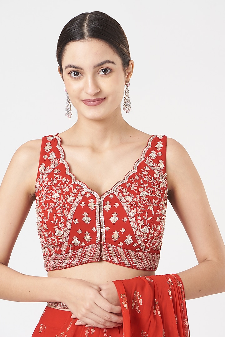 Red Georgette Printed Pre-Draped Ruffle Wedding Saree Set by Sana Barreja at Pernia's Pop Up Shop