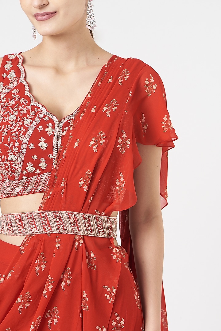 Red Georgette Printed Pre-Draped Ruffle Wedding Saree Set by Sana Barreja at Pernia's Pop Up Shop