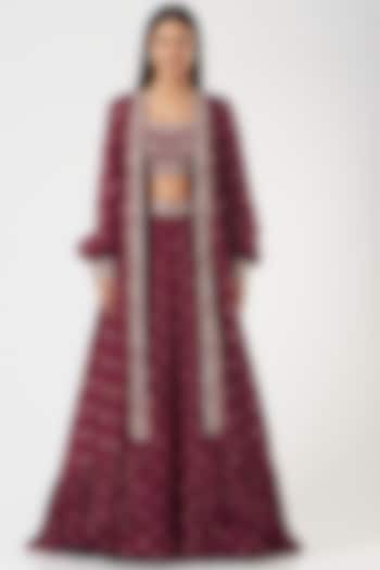 Maroon Georgette Printed & Embroidered Jacket Wedding Lehenga Set by Sana Barreja at Pernia's Pop Up Shop