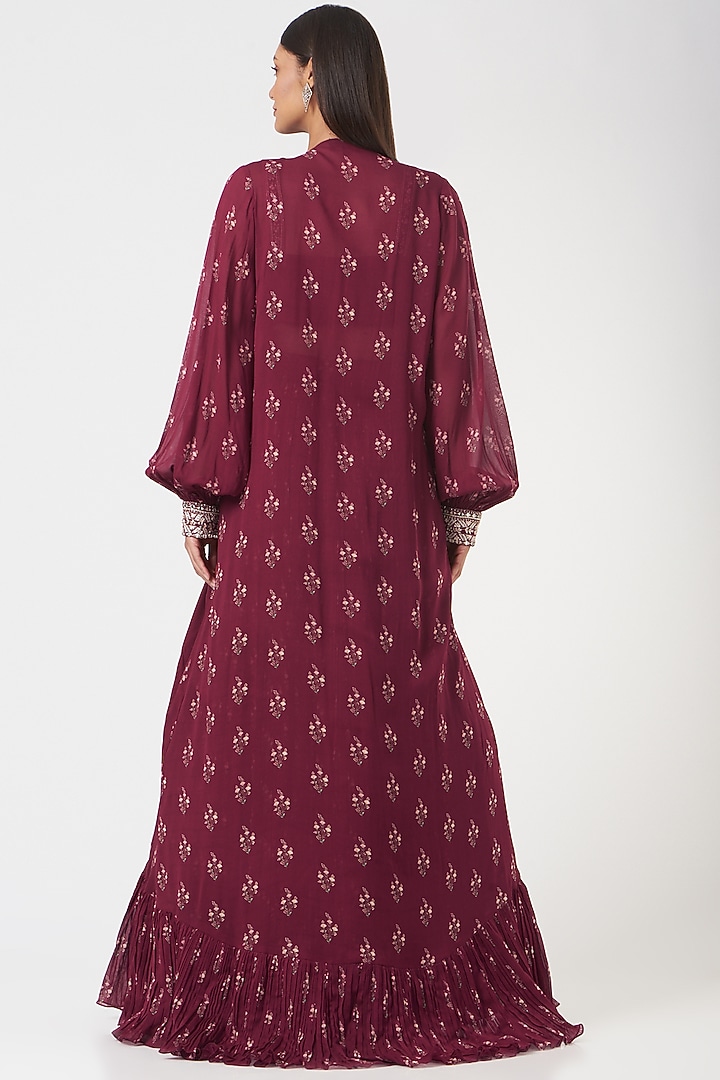 Maroon Georgette Printed & Embroidered Jacket Wedding Lehenga Set by Sana Barreja at Pernia's Pop Up Shop