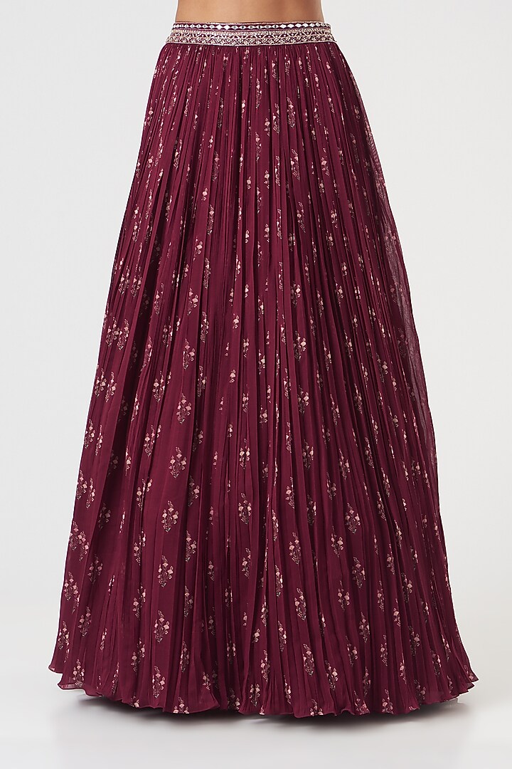 Maroon Georgette Printed & Embroidered Jacket Wedding Lehenga Set by Sana Barreja at Pernia's Pop Up Shop