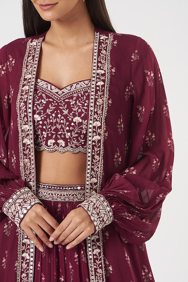 Maroon Georgette Printed & Embroidered Jacket Wedding Lehenga Set by Sana Barreja at Pernia's Pop Up Shop