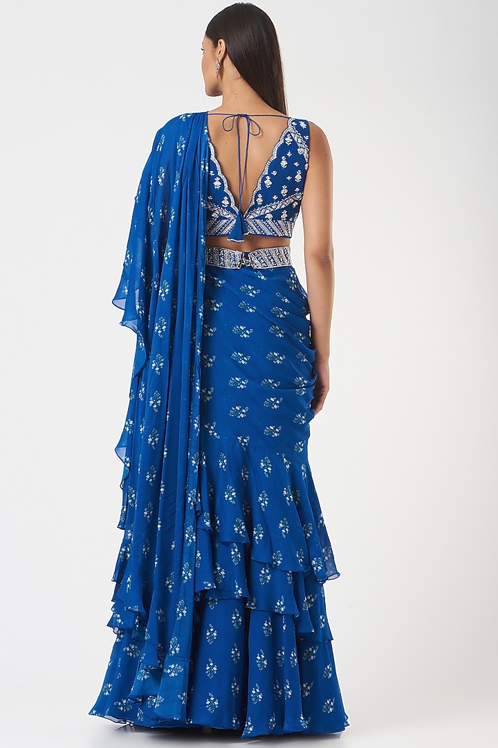 Blue Georgette Printed Pre-Draped Wedding Saree Set by Sana Barreja at Pernia's Pop Up Shop