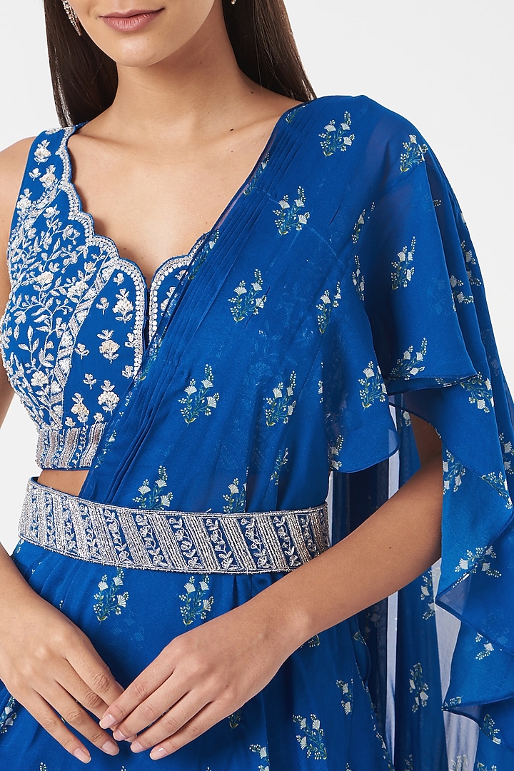 Blue Georgette Printed Pre-Draped Wedding Saree Set by Sana Barreja at Pernia's Pop Up Shop