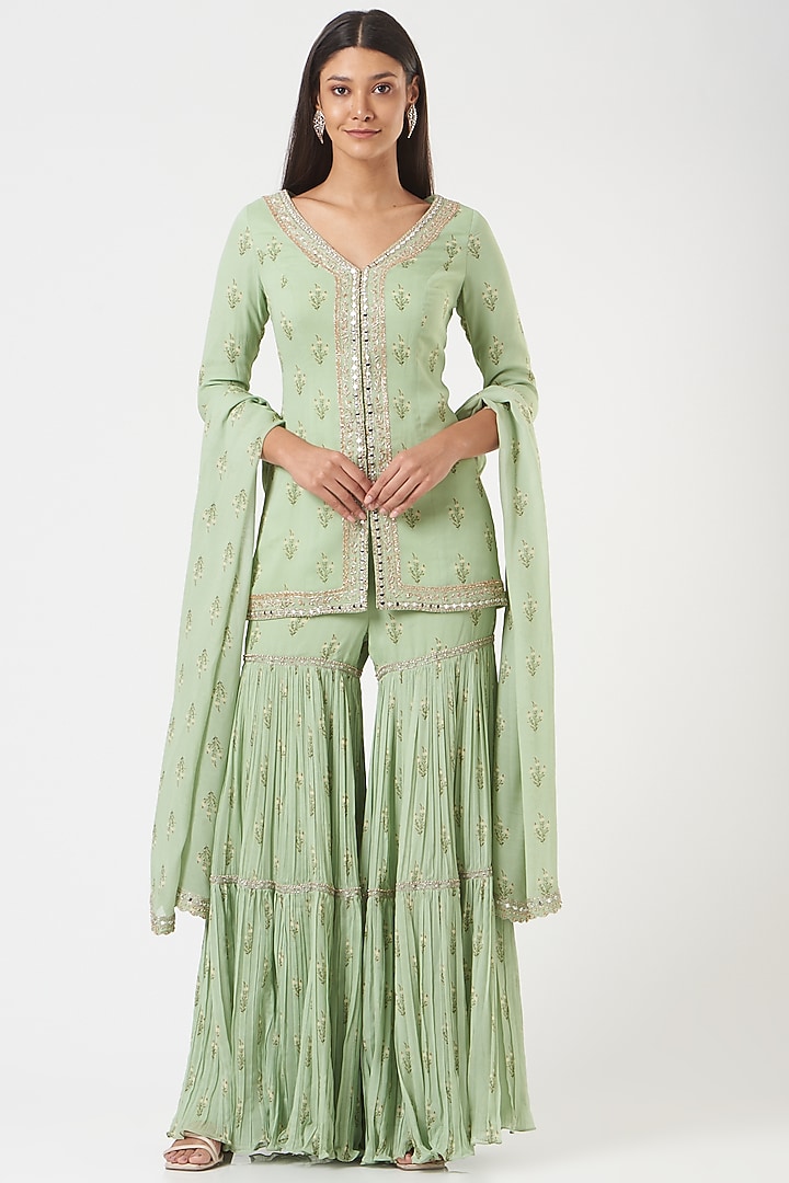 Mint Green Georgette Wedding Sharara Set by Sana Barreja at Pernia's Pop Up Shop