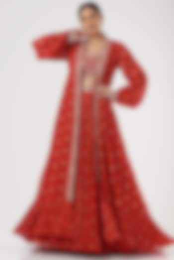 Red Embroidered Jacket Lehenga Set by Sana Barreja