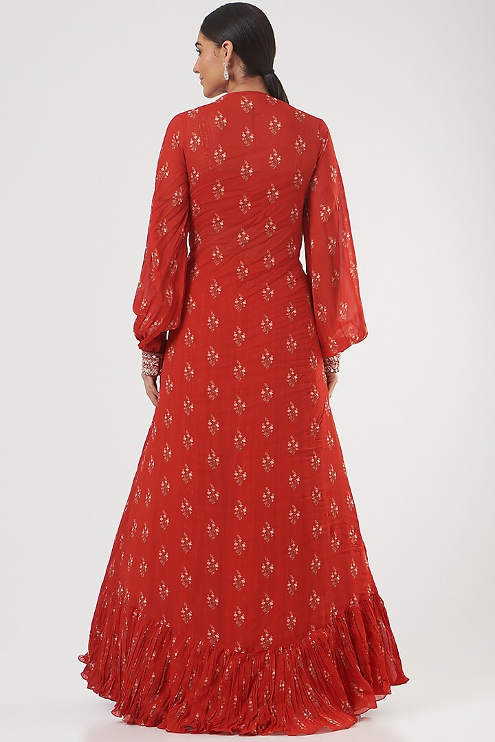 Red Georgette Printed & Embroidered Jacket Wedding Lehenga Set by Sana Barreja at Pernia's Pop Up Shop