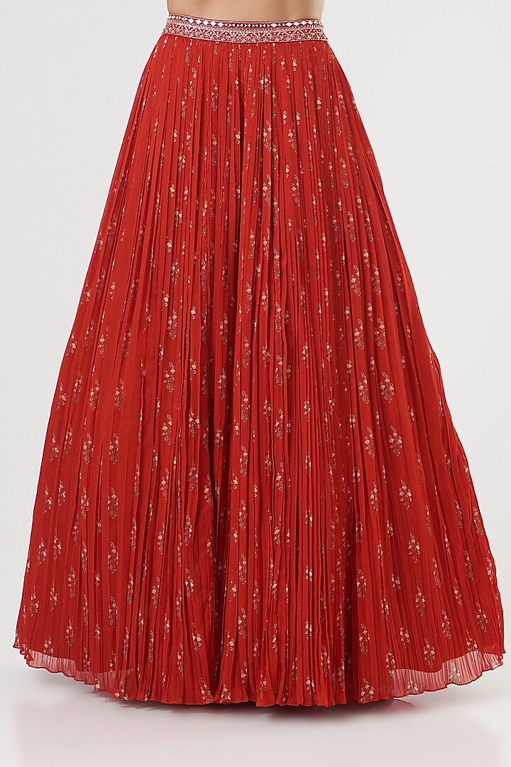 Red Georgette Printed & Embroidered Jacket Wedding Lehenga Set by Sana Barreja at Pernia's Pop Up Shop
