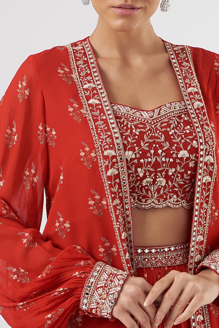 Red Georgette Printed & Embroidered Jacket Wedding Lehenga Set by Sana Barreja at Pernia's Pop Up Shop