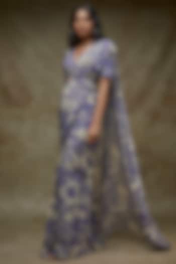 Indigo Blue Georgette Lurex Printed Saree Set by Sana Barreja