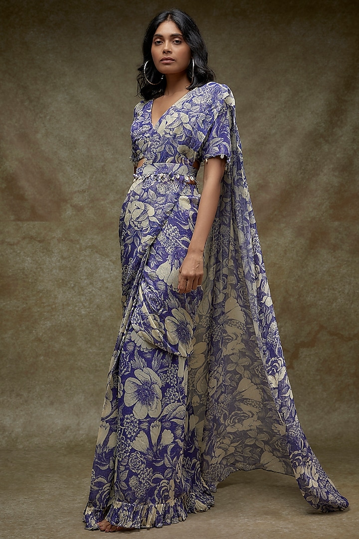 Indigo Blue Georgette Lurex Printed Saree Set by Sana Barreja