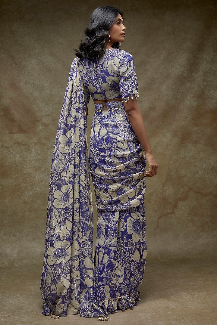 Indigo Blue Georgette Lurex Printed Wedding Saree Set by Sana Barreja at Pernia's Pop Up Shop