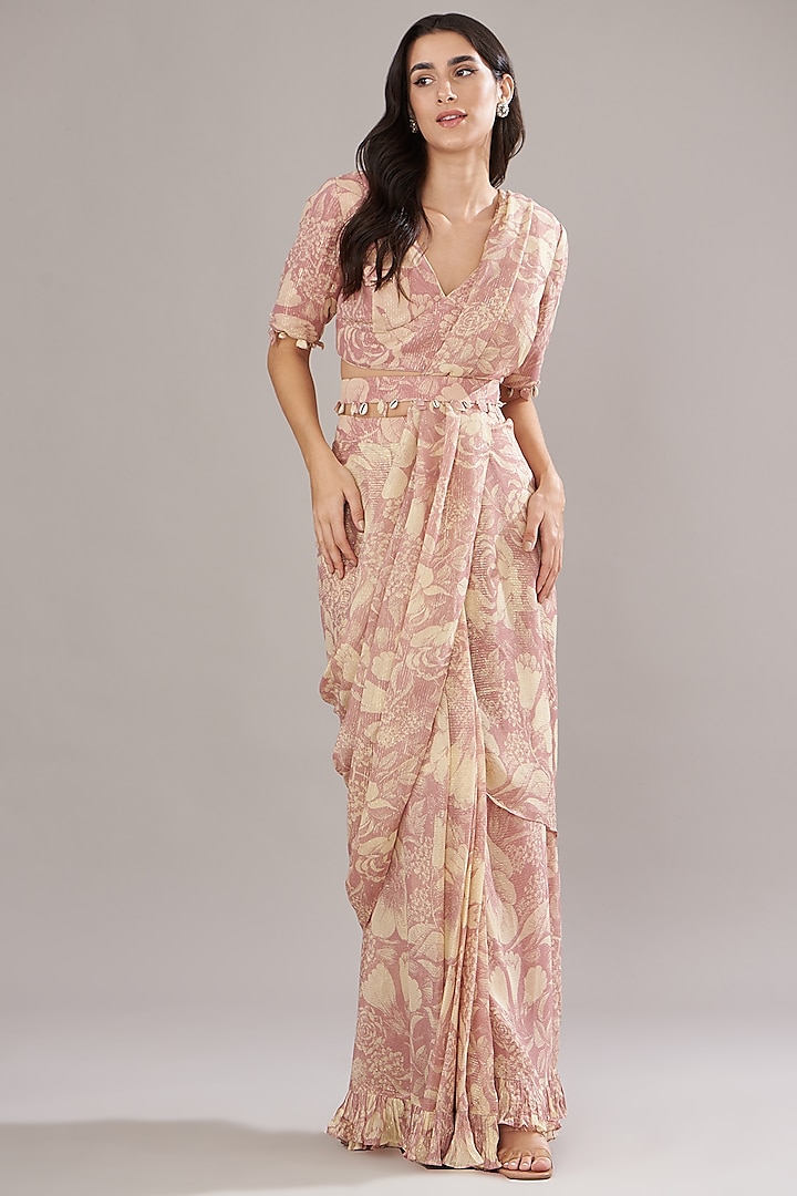 Rose Pink Georgette Printed Saree Set by Sana Barreja