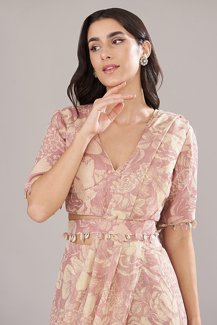 Rose Pink Georgette Printed Wedding Saree Set by Sana Barreja at Pernia's Pop Up Shop