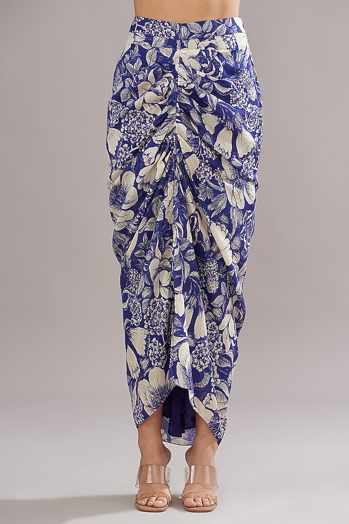 Indigo Blue Bemberg Silk Printed Skirt Set by Sana Barreja at Pernia's Pop Up Shop