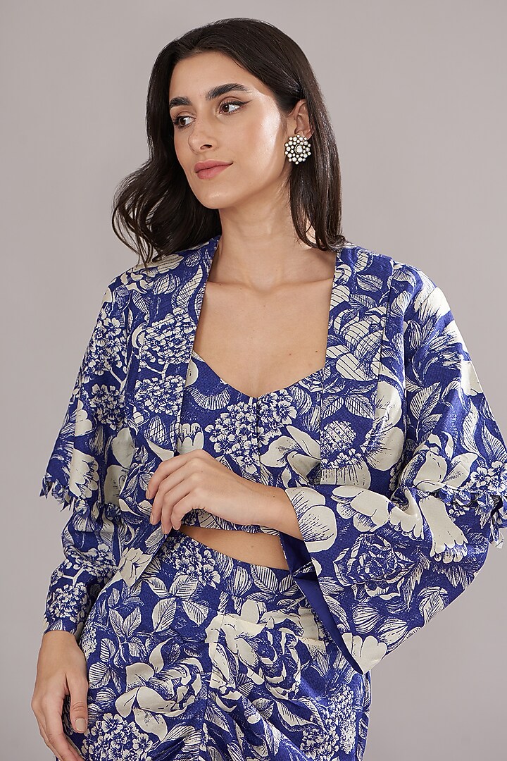 Indigo Blue Bemberg Silk Printed Skirt Set by Sana Barreja at Pernia's Pop Up Shop