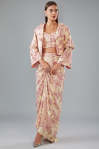 Rose Pink Bamberg Silk Printed Jacket Set by Sana Barreja