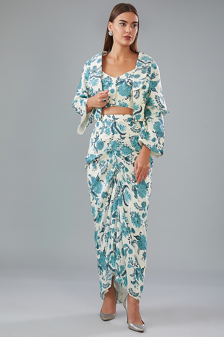 Ivory & Blue Bamberg Silk Printed Jacket Set by Sana Barreja at Pernia's Pop Up Shop