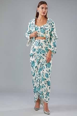 Ivory & Blue Bamberg Silk Printed Jacket Set by Sana Barreja