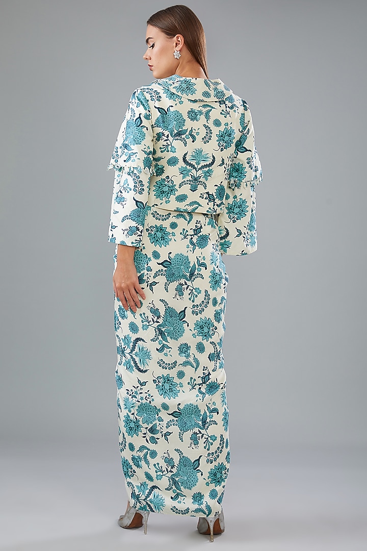 Ivory & Blue Bamberg Silk Printed Jacket Set by Sana Barreja at Pernia's Pop Up Shop