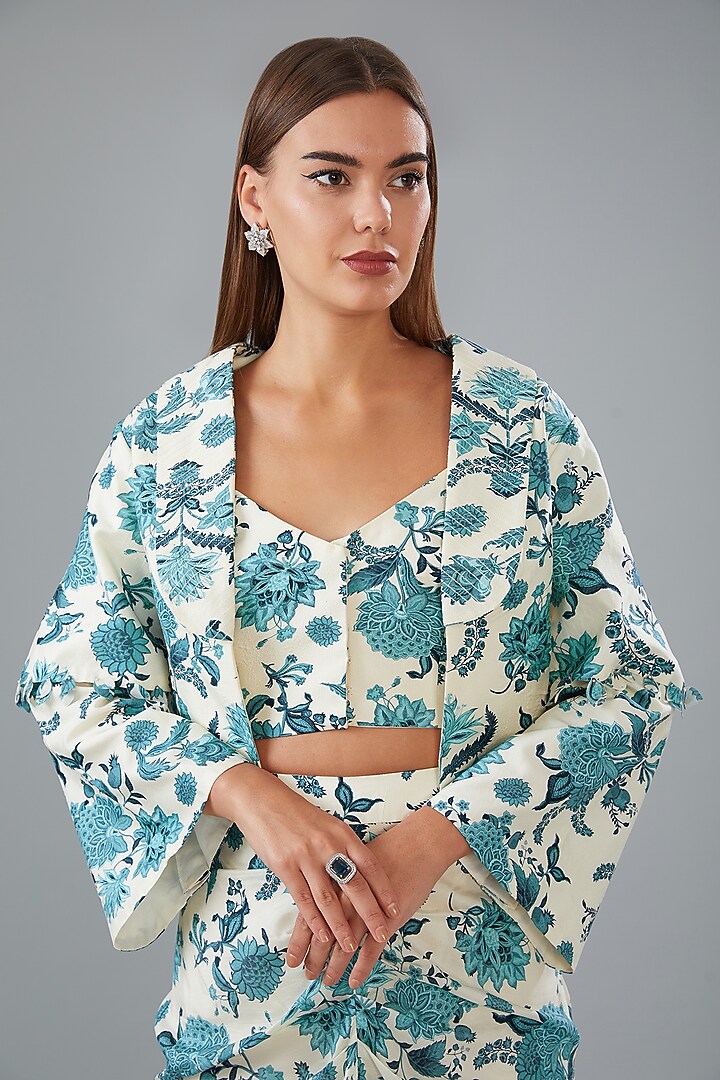 Ivory & Blue Bamberg Silk Printed Jacket Set by Sana Barreja at Pernia's Pop Up Shop