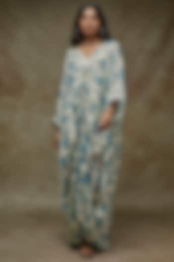 Ivory & Blue Georgette Lurex Printed Kaftan Set by Sana Barreja at Pernia's Pop Up Shop