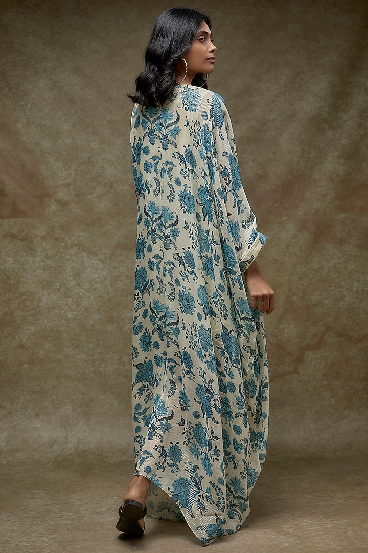 Ivory & Blue Georgette Lurex Printed Kaftan Set by Sana Barreja at Pernia's Pop Up Shop