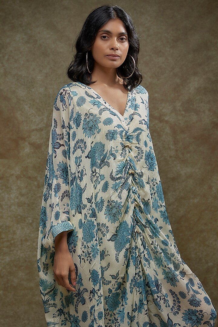 Ivory & Blue Georgette Lurex Printed Kaftan Set by Sana Barreja at Pernia's Pop Up Shop